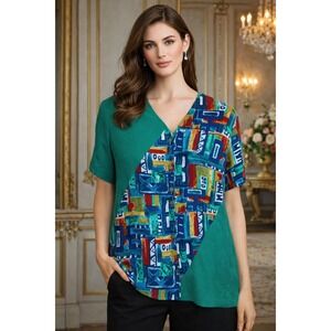 C.M. Shapes Multi Color Geometric Blouse Button Up Woman Size Medium Made in USA